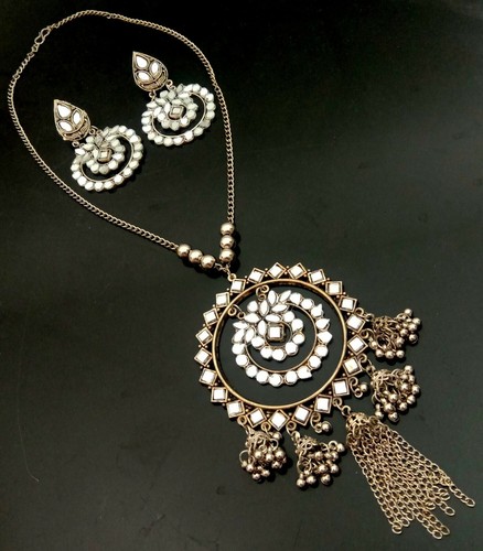 Afghani Oxidised Silver Mirror Necklace 