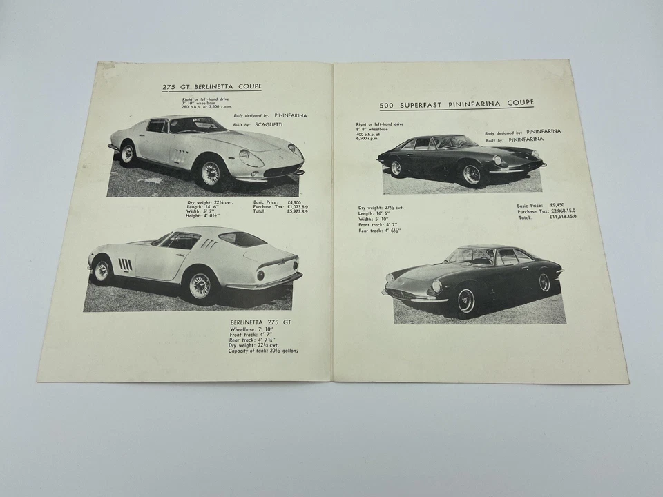 FERRARI 275 GTB | 330 GT 2+2 | 275 GTS | 500 SUPERRÁPIDO | FOLLETO DE VENTAS ANTICIPADAS UK Foto 2 de 4