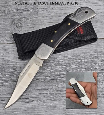 SEJ® K718 | Nostalgie Zweihand Taschen Messer Hechtklinge verzierter Holzgriff