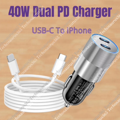 Dual Type C PD Fast 40W Car Charger Adapter Cable For iPhone 14 13 12 11 XR XS 8