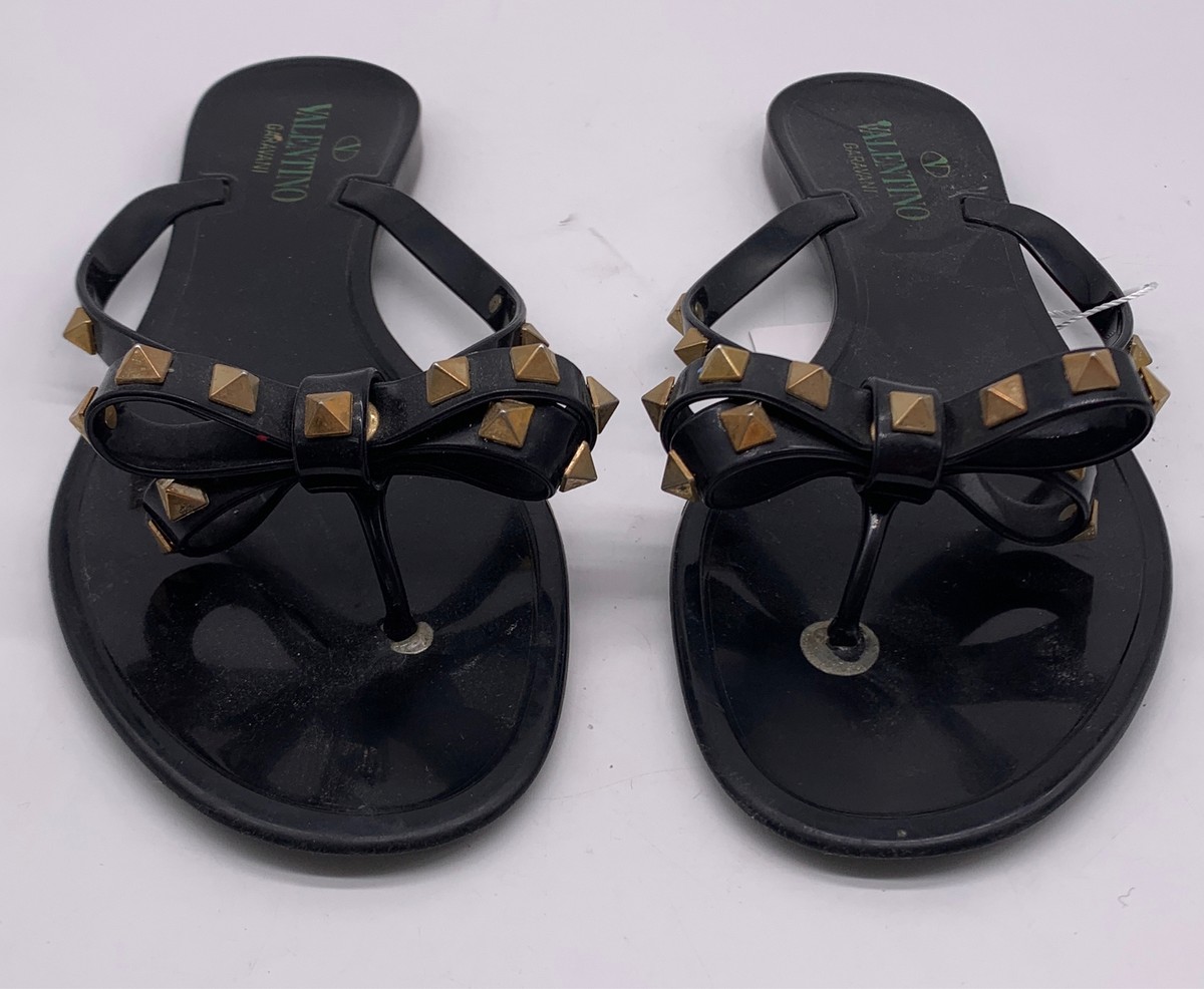 Valentino Womens Black Jelly Rockstud Bow Flip Flop Sandals sz 39