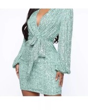 Fashion Nova Sparkling Green Dress Long Sleeves Size S Brand New