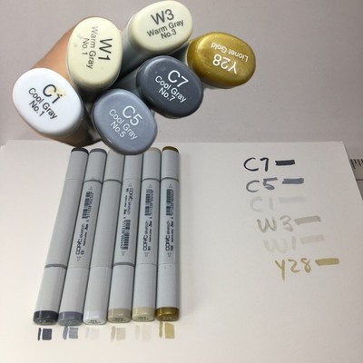 6 Copic Sketch Markers (C) 7, 5, 1 and (W) 3, 1 and Y28 Gold = Grays
