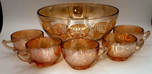 Jeanette Carnival Iridescent Marigold Lustre Glass Egg Nog Punch Bowl & 5 Cups