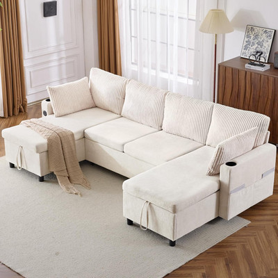 113-Inch U-Shaped Pull Out Sleeper Couch Bed, Modern U Shaped Symmetrical Sleepe