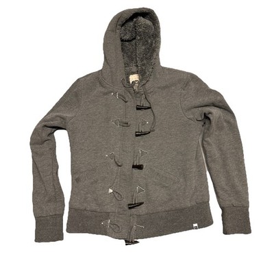 Roxy Faux Sherpa Lined Full Zip Hooded Jacket Women s M Horn Type Buttons Y2K