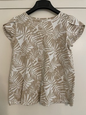 LOFT Beige White XS Palm Leaf Tropical Petal Top Flutter Blouse Women's Vacation