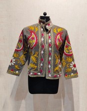 Suzani Velvet Jacket, Uzbek Waistcoat, Women Wear Embroidered Outwear Grey