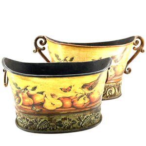 French Inspired Handled Metal Planter Pair Yellow Faux Patina Birds Pears