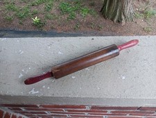 VINTAGE ALL WOOD ROLLING PIN RED HANDLES FARMHOUSE PRIMTIVE DECOR