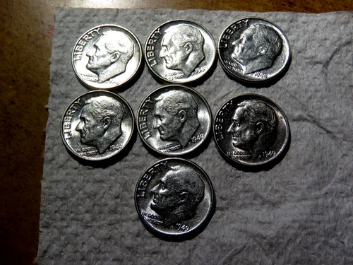 Bulk Lot (7) Better Date Brilliant Uncirculated 1949-P Roosevelt Silver Dimes W4