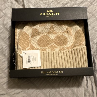 Coach Jumbo Signature C Beanie & Scarf Set Camel Ivory Wool Blend One Size Women