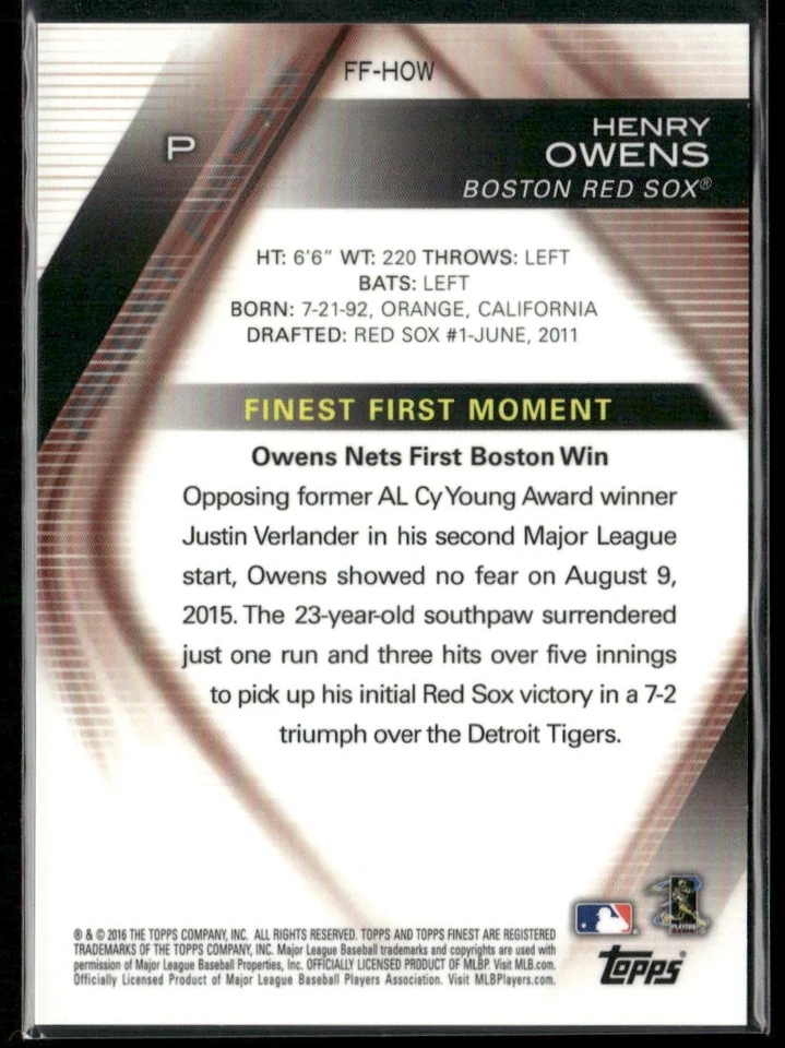 Henry Owens 2016 Finest Finest Firsts #FF-HOW RC Boston Red Sox - Image 2 of 2