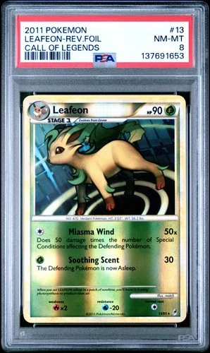 2011 POKEMON CALL OF LEGENDS #13 LEAFEON-REVERSE FOIL PSA 8