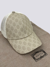 Cappello berretto baseball Gucci GG monogramma logo tela rete schiena beige e bianco taglia M