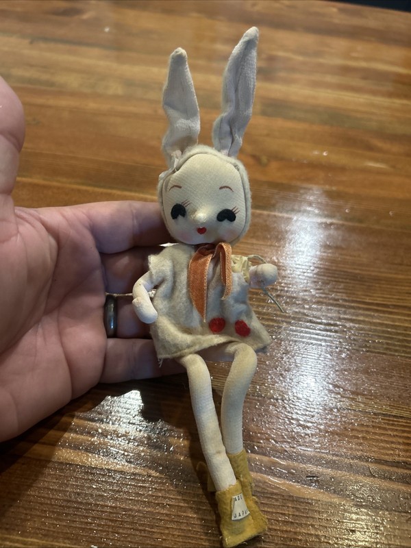 Vintage Made In Japan Bunny Rabbit Shelf Sitter Felt Doll Easter Decoration