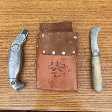 Crain 217 Hook Handle Carpet Knife Leather Powerhold 411 Pouch 2nd Knife Used