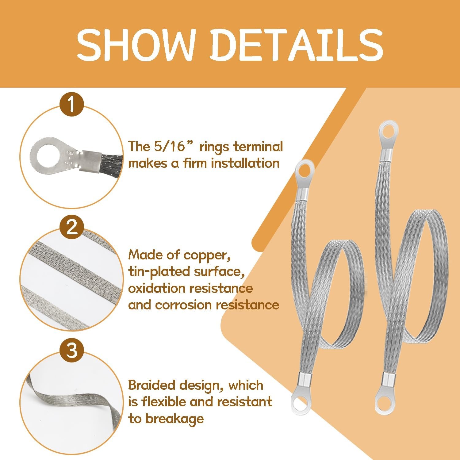 10PCS Engine Ground Strap Automotive, 6PCS 10" x 1/2" & 4PCS 12" x 1/2" Copper B