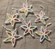 Lot Of 6 Vtg Plastic Canvas Needlepoint Beaded Christmas Star Ornaments Handmade