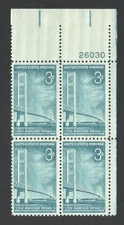 Vintage Unused US Postage Block 3 Cent Stamps THE MACKINAC BRIDGE
