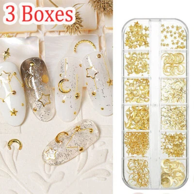 3 Boxes Metal Nail Charms Moon Stars Nail Art Jewelry DIY Accessory Decorations
