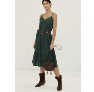 BA&SH Ully Green Striped Textured Midi Dress Sleeveless Sundress Straps Sz Lg