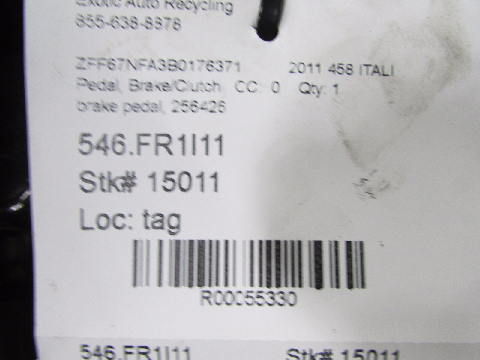 Ferrari 458 Italia, Brake Pedal With Aluminum Plate, P/N 256426, Used