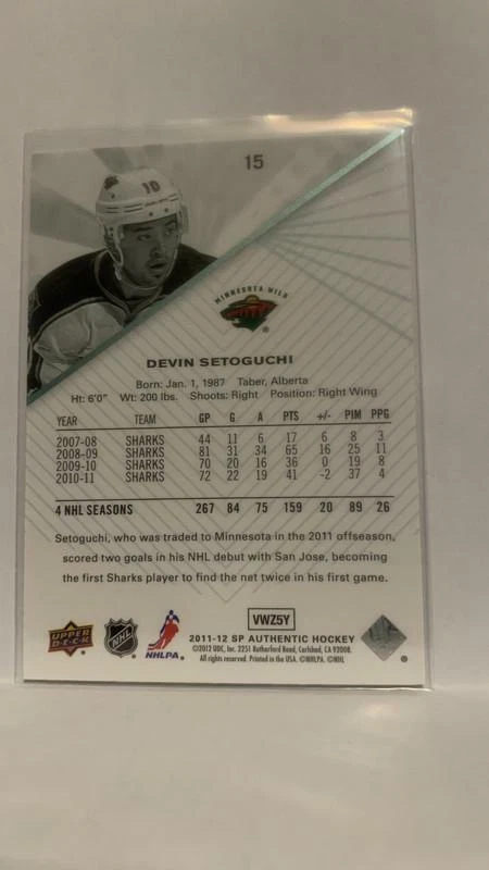 #15 Devin Setoguchi Minnesota Wild 2011-12 SP Authentic Hockey Card - Image 2 of 2