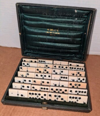 28 Pieces.  Henri Delaire Paris Black And White Dominoes Board Game Antique 