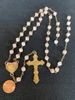 Vtg Pink Milk Faceted Glass Beads Rosary Crucifix Gold Toned Cross Madonna Heart