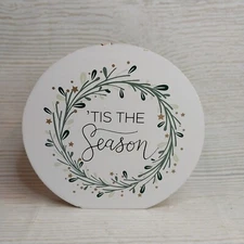 New* "Tis the Season" Wood Block Sign Decor Christmas Winter Round Greenery Star