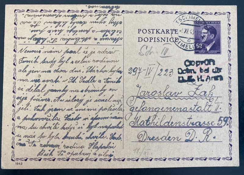 1943 Tschimelt BM PC Cover to Dresden Germany Gestapo Prisoner Jaroslav Zak