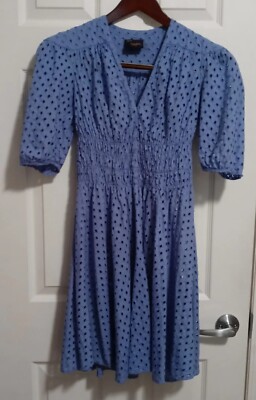 Just Taylor Women's Eyelet Dress Size 2 Small Blue V-Neck High Waist Ruching EUC