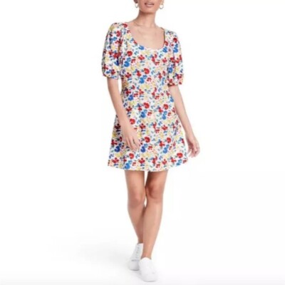 RIXO Floral Short Sleeve Linen Dress Women's 6 Multicolor Artsy Cottagecore  | eBay