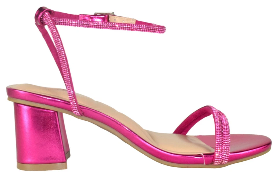 Top Moda Women Block Short Heels Open Strap Bling Rhinestone CITY-1 Pink Fuchsia - Image 3 of 3