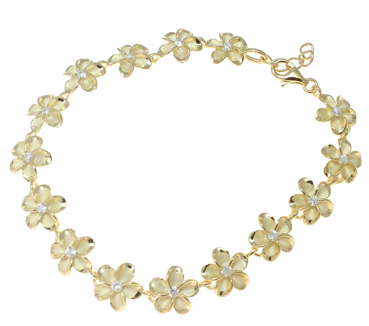 YELLOW GOLD 925 SILVER HAWAIIAN FANCY PLUMERIA FLOWER BRACELET CZ