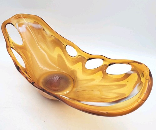 VTG Amber Glass Bowl White Streak Unique Grannycore Decore 1970s Large Art Glass