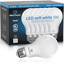 Great Eagle A19 LED Light Bulbs 100 Watt 6 Count Pack of 1 3000k Soft White