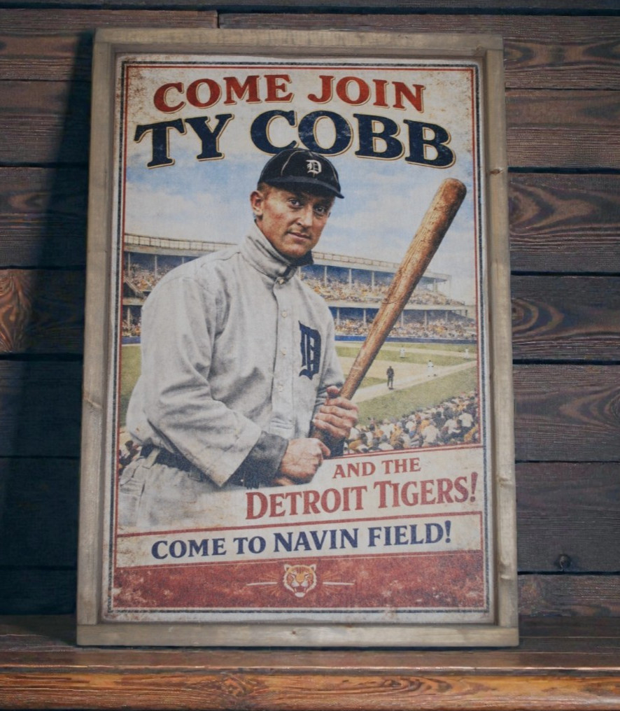 Ty Cobb Detroit Tigers Navin Field Antique Style Art Wood Baseball Ad Sign 12x16