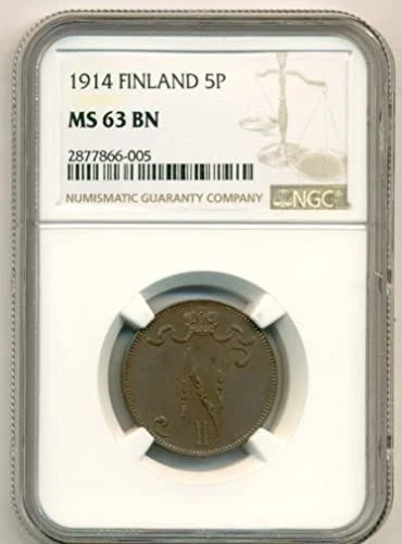 Finland (Under Russia) Nicholas II 1914 5 Pennia MS63 BN NGC