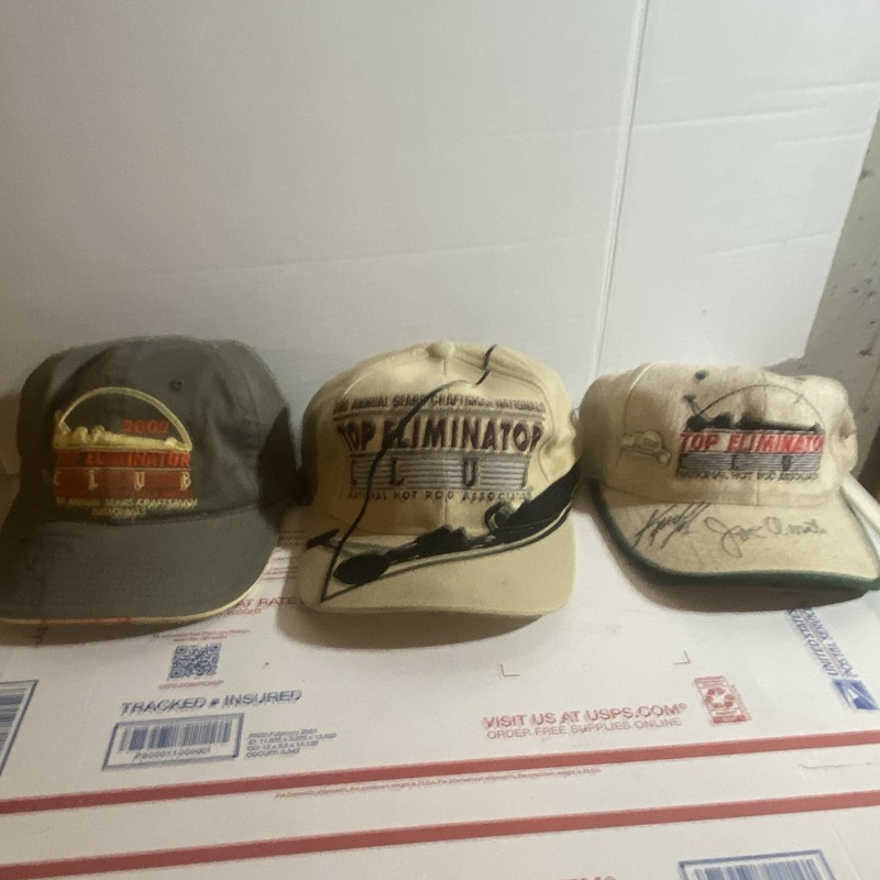 Lot of 3 Top Eliminator Racing Embroidered Baseball Caps Signed Beige/Green