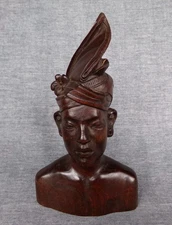 Vintage Carved Wood Bust / Man with Headdress Sculpture - Bali Dutch East Indies