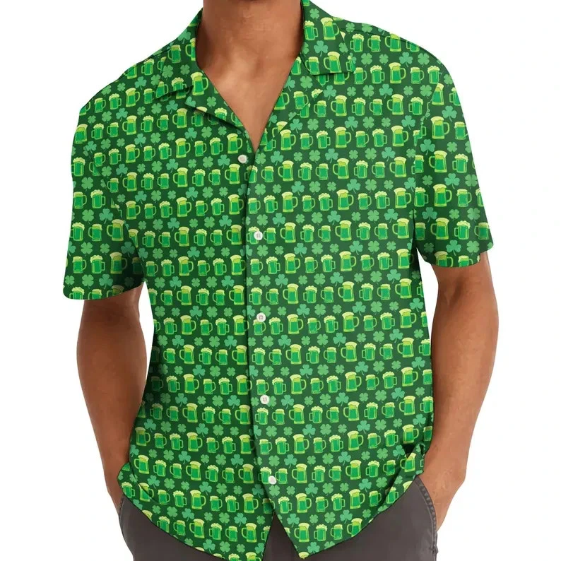 Beer Mug Pattern St. Patrick's Day Hawaiian Shirt Lucky Clover Irish Pub Wear