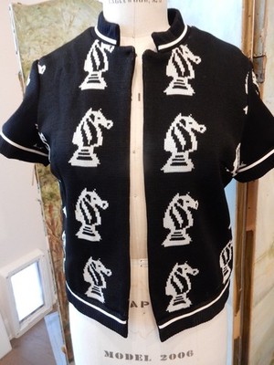 Vintage Women's Cardigan Sweater Short Sleeve Chess Queen's Gambit  R&K Knits