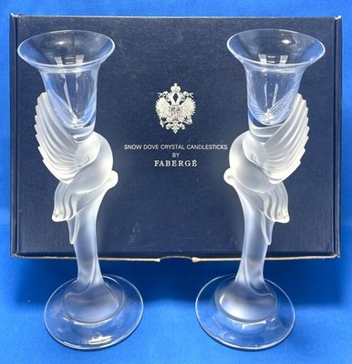 Faberge frosted Snow Dove Crystal Candlestick Pair 9  In Original Box