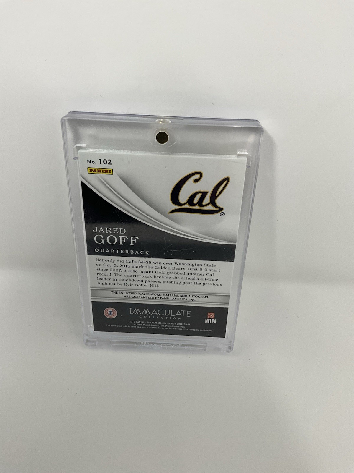 2016 Immaculate Collection Collegiate Jared Goff Jersey Auto RC Serial #/99 RPA view 2