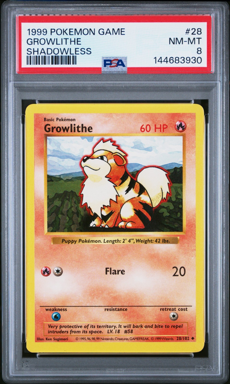 1999 Pokemon BASE SET #28/102 SHADOWLESS Growlithe PSA 8