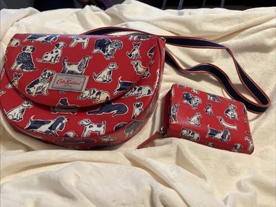 Vtg Cath Kidston Squiggle Dogs Saddle Bag & Wallet Set Red Crossbody Purse Rare