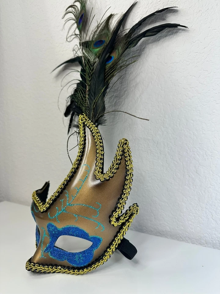 Masquerade Mask Peacock Feathers Gold Blue Glitter Venetian Mardi Gras Party - Image 4 of 4