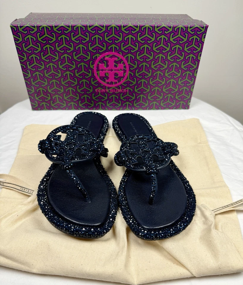 Tory Burch Women's Navy Miller Knotted Pave Thong Sandals US Size 8.5 NWB $300 - Image 2 of 4